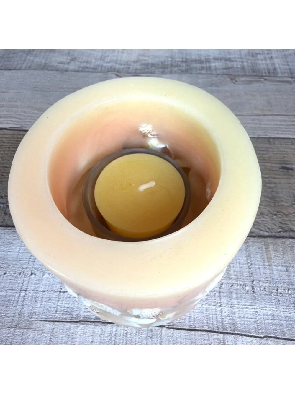 VTG Sea Shell Peach White Lantern Pillar Candle Florida Beach Nautical Coastal